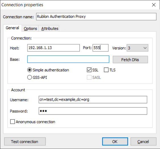 Image showing setting up the connection properties for Rublon Authentication Proxy in LDAP Admin