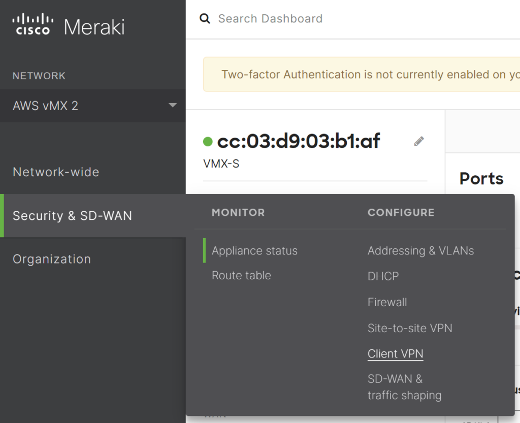 Image showing accessing the Client VPN options in the Cisco Meraki Dashboard.