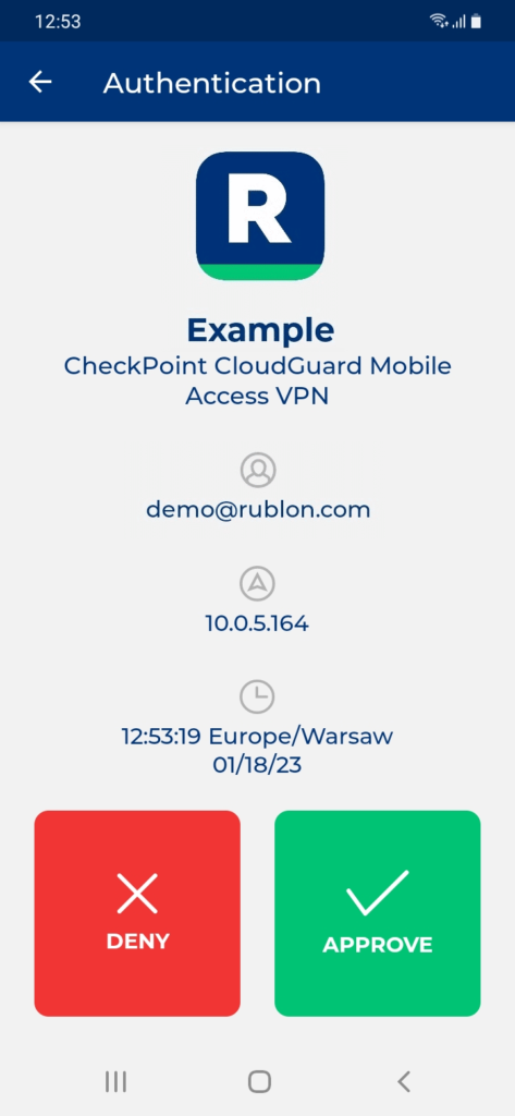 Image showing a Mobile Push authentication request received by the user when logging in to Check Point Mobile Access VPN