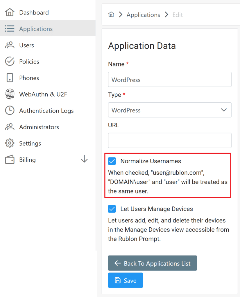 Image showing the Normalize Usernames checkbox in the Rublon Admin Console.