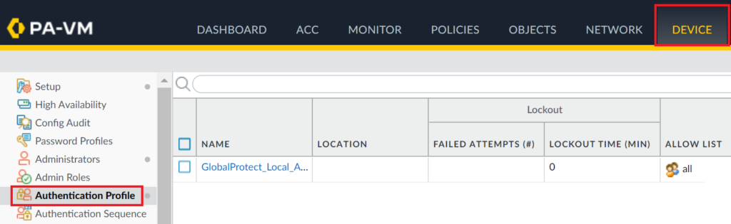 Image showing opening the Authentication Profile tab in the GlobalProtect admin panel