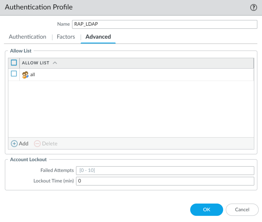 Image showing selecting the allow list for the authentication profile