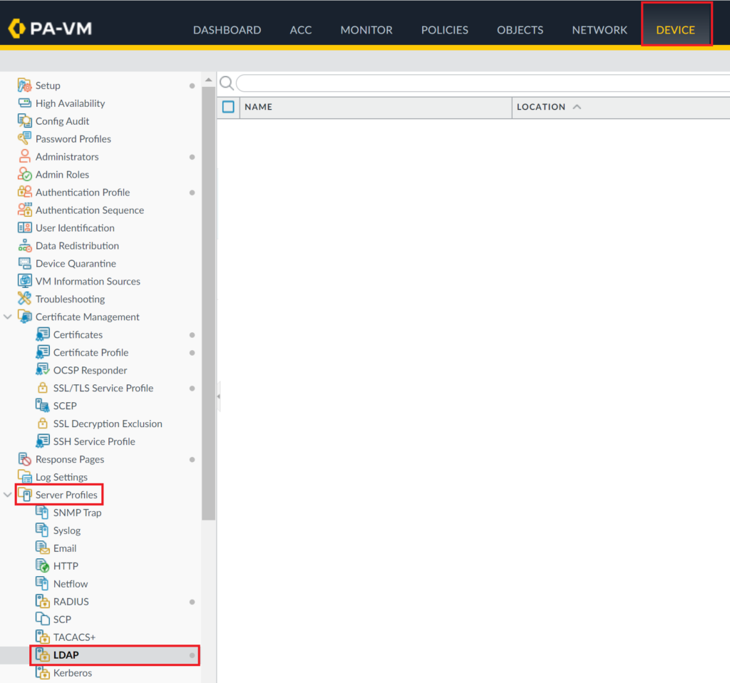 Image showing selecting the LDAP server profile in the Palo Alto admin panel