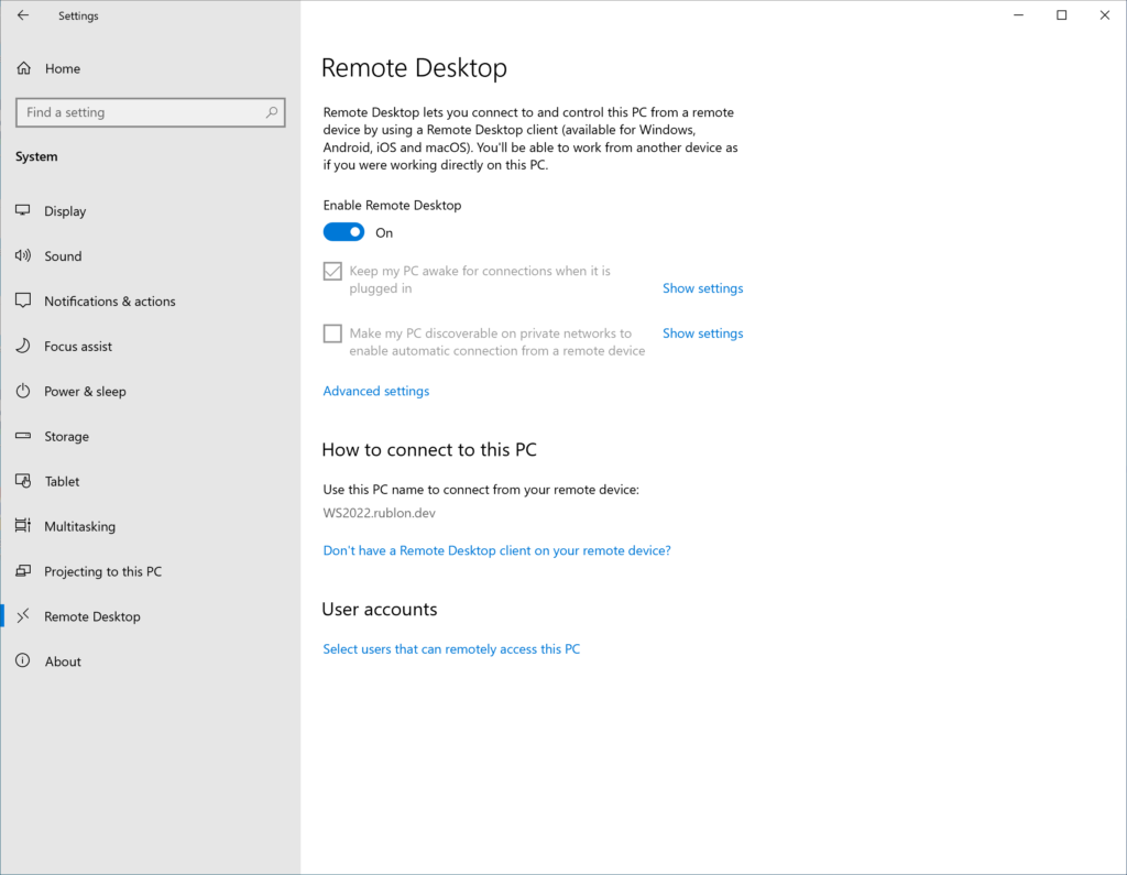 Image showing how to toggle the Enable Remote Desktop switch