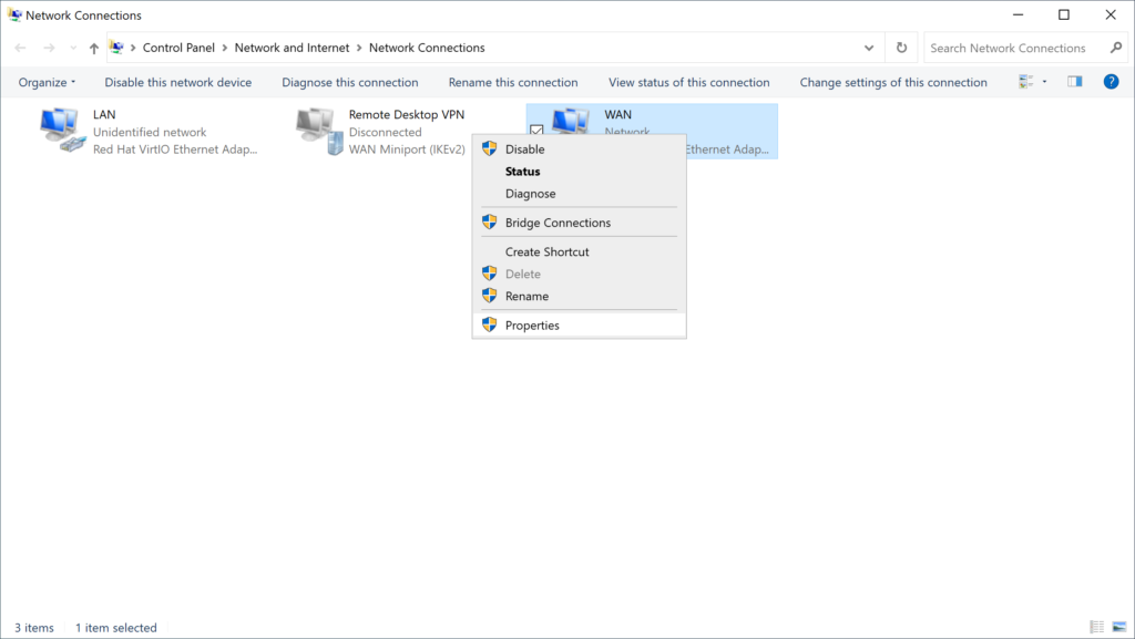 Image showing accessing properties of a network connection