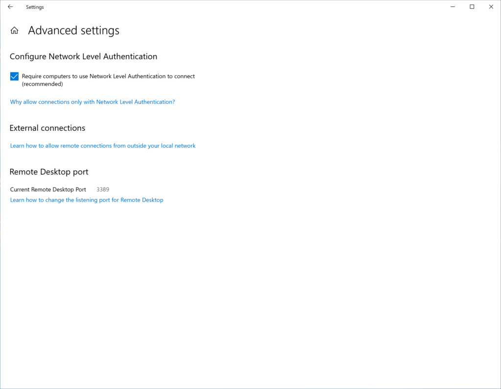 Image showing how to enable NLA in Advanced settings in Windows