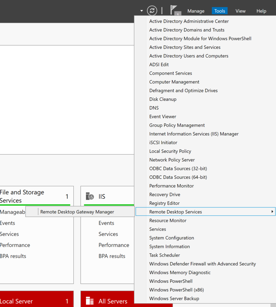 Image showing how to open the Remote Desktop Gateway Manager