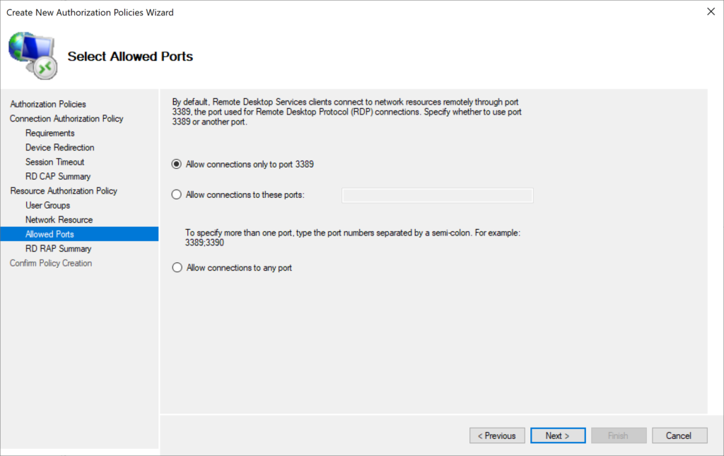 Image showing selecting allowed ports for the Resource Authentication Policy (RAP)