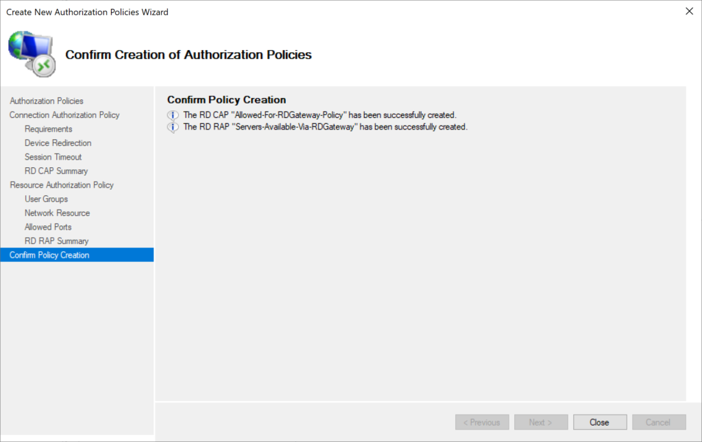 Image showing the confirmation that CAP and RAP policies have been created