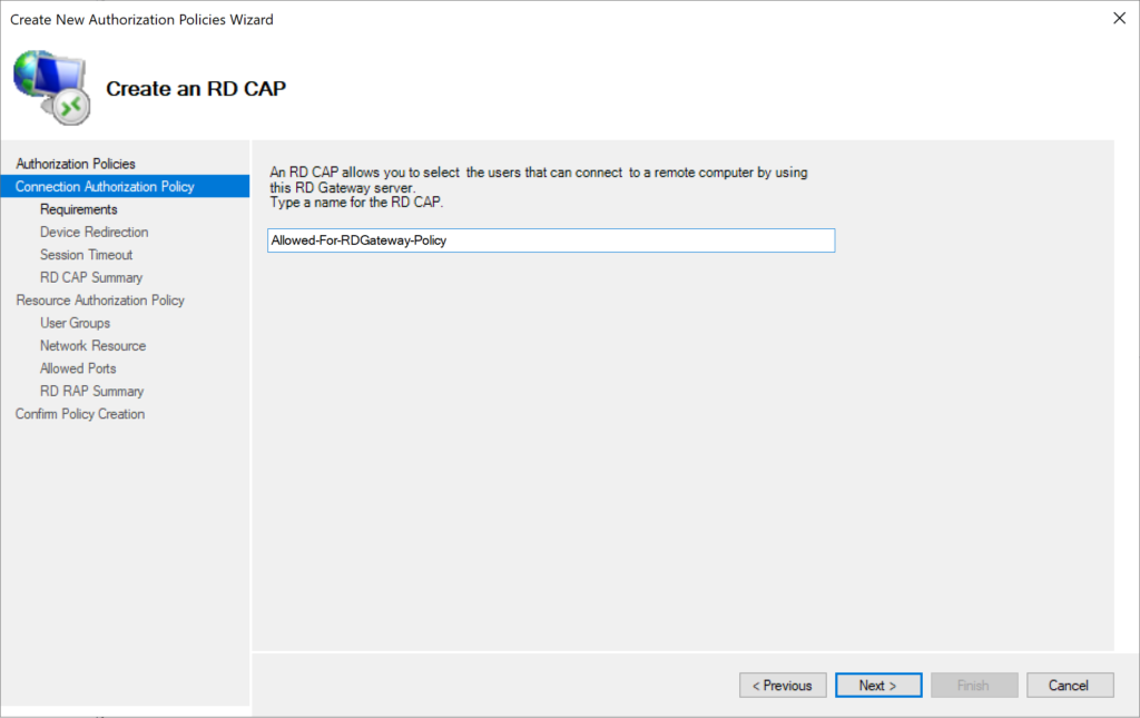 Image showing entering a name for the Connection Authentication Policy (CAP)