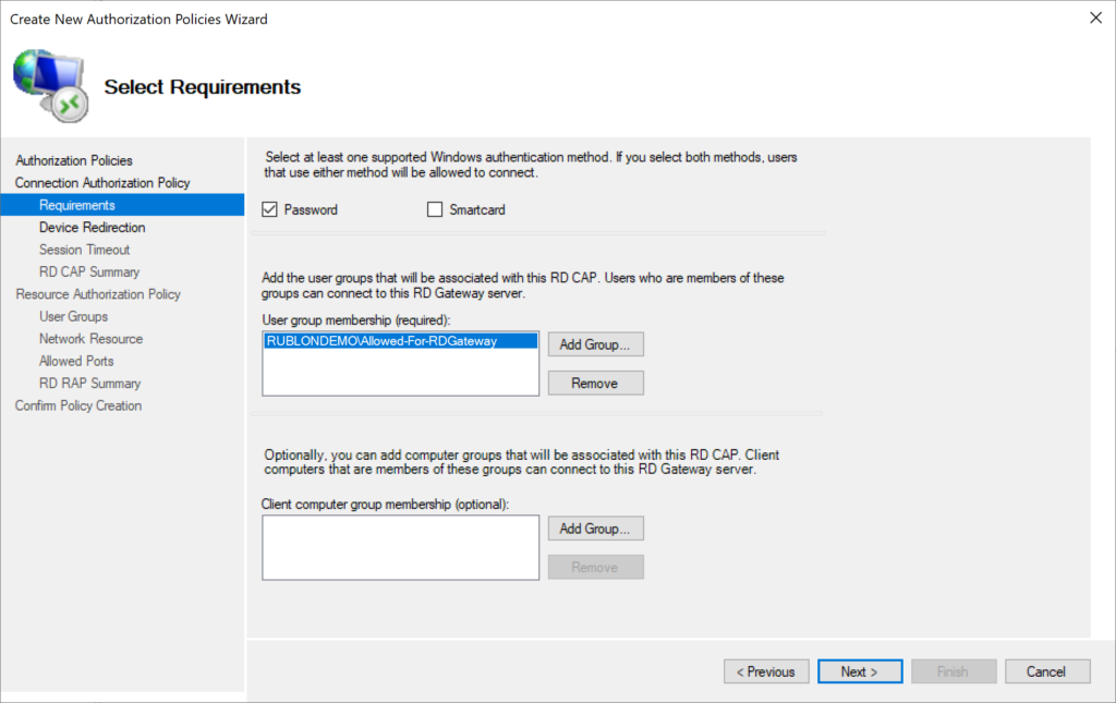 Image showing adding groups for the Connection Authentication Policy (CAP)