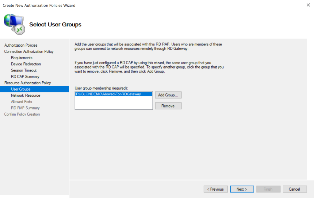 Image showing selecting user groups for the Resource Authentication Policy (RAP)