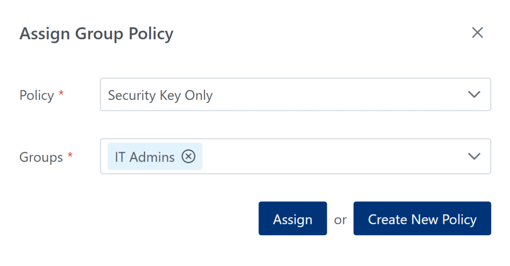 Image showing assigning the Security Key Only policy to the IT Admins group