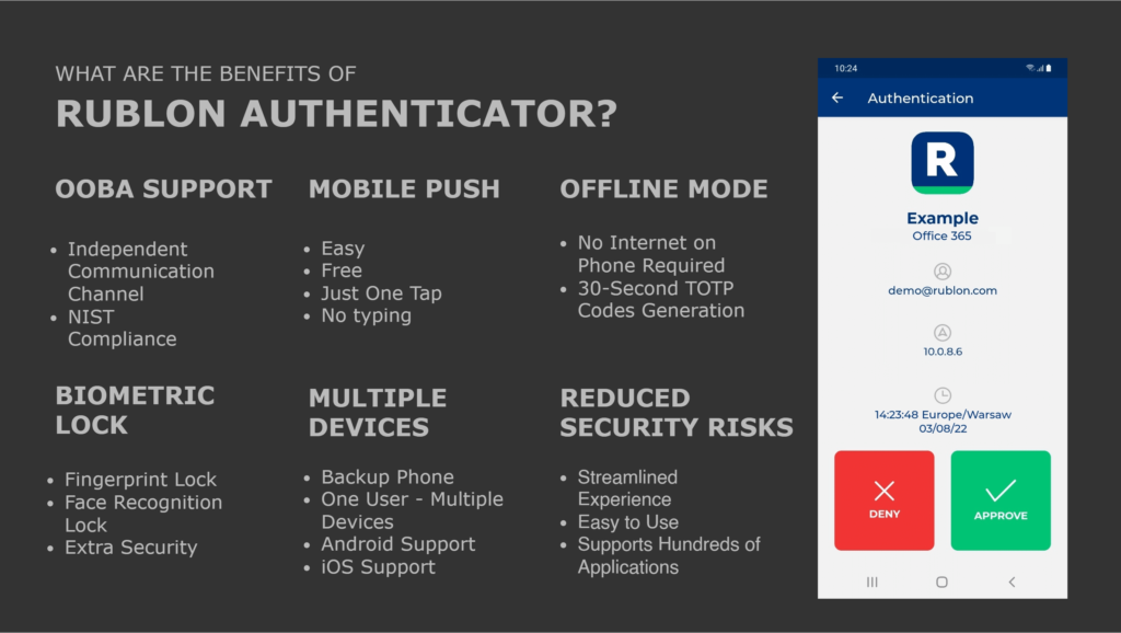 Image listing the benefits of Rublon Authenticator authentication app