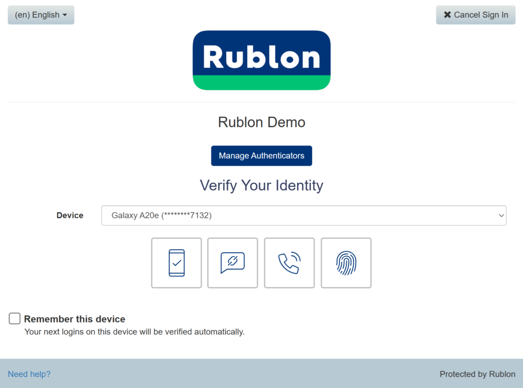 Image showing only four authentication methods in the Rublon Prompt. All other authentication methods have been hidden using the described policy setting.