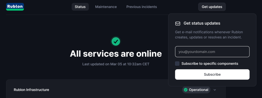 Image showing the Get updates feature on the Rublon Status Page.