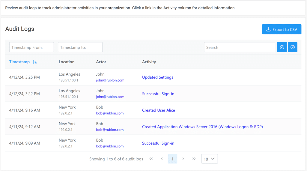 Image showing the list of audit logs in the Audit Logs tab in the Rublon Admin Console
