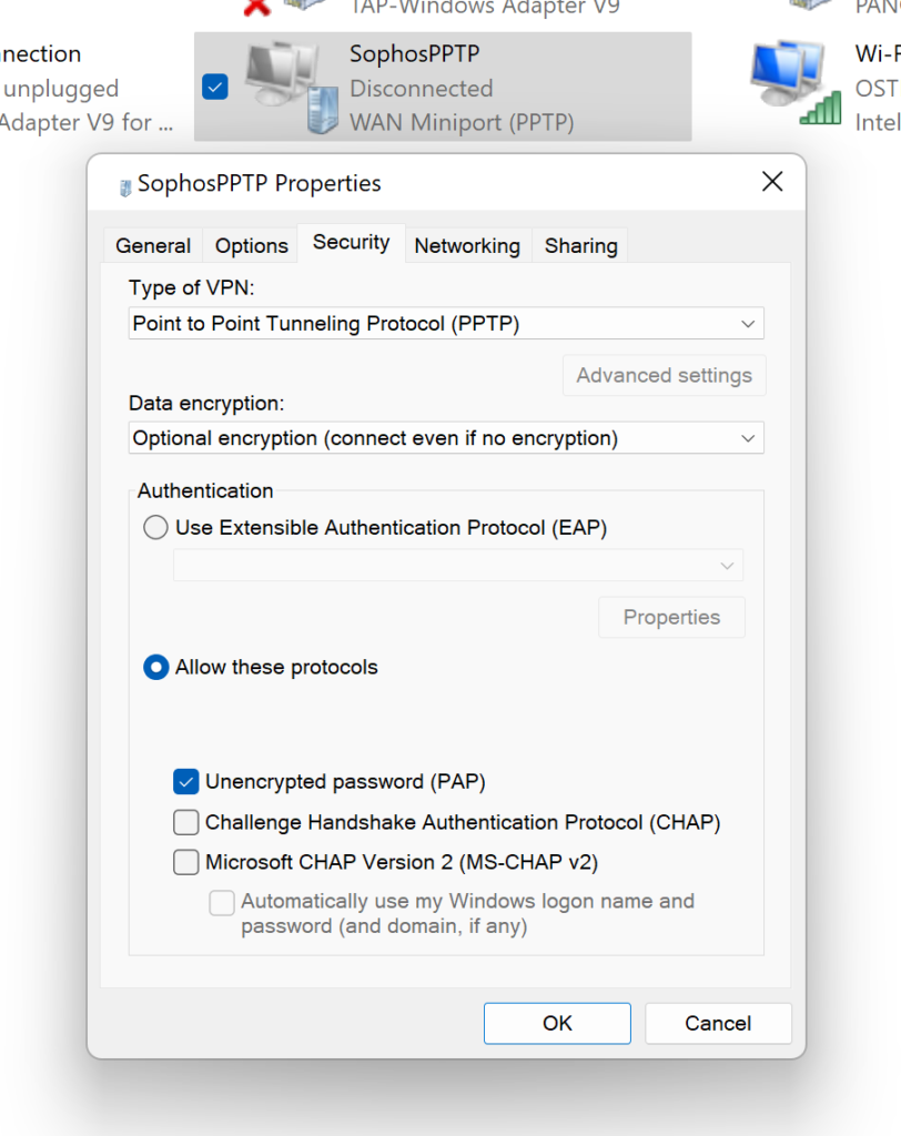 Image showing how to set PAP in the properties of the Sophos PPTP VPN connection
