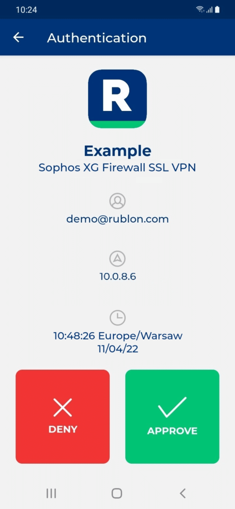 Image showing a Mobile Push received when logging in to the Sophos XG Firewall SSL VPN