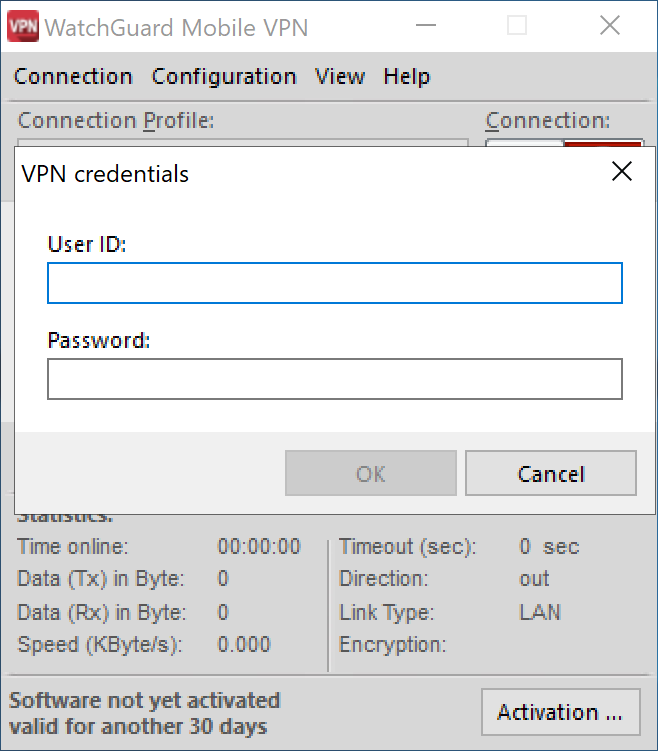 Image showing VPN credentials on the WatchGuard Mobile VPN client