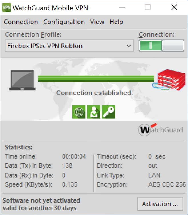 Image showing WatchGuard Mobile VPN client successfully connected to the VPN after MFA