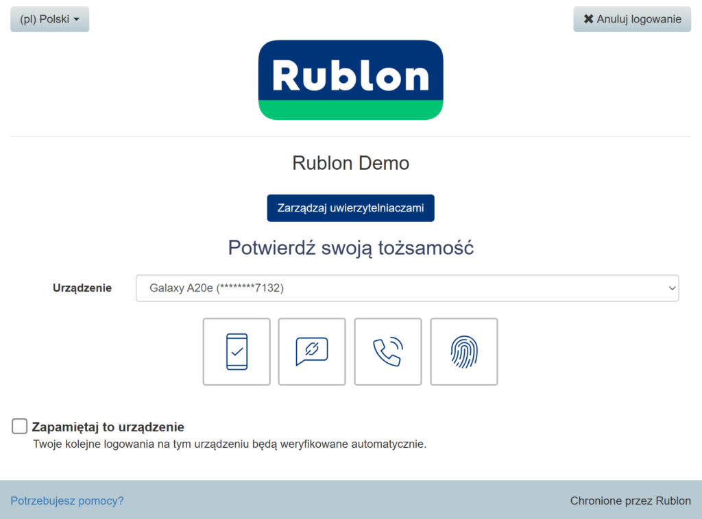 Obrazek pokazujący tylko cztery metody uwierzytelniania w widoku Rublon Prompt. Wszystkie inne metody uwierzytelniania zostały ukryte przy użyciu opisanego ustawienia polityk.