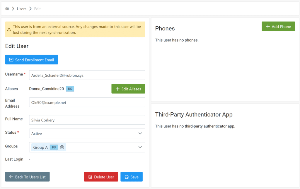 Image showing the Edit User view of a user synchronized from Entra ID