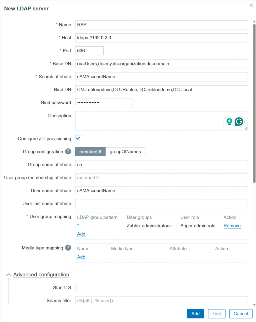 A screenshot showing how to add an LDAP server to enable MFA for Zabbix