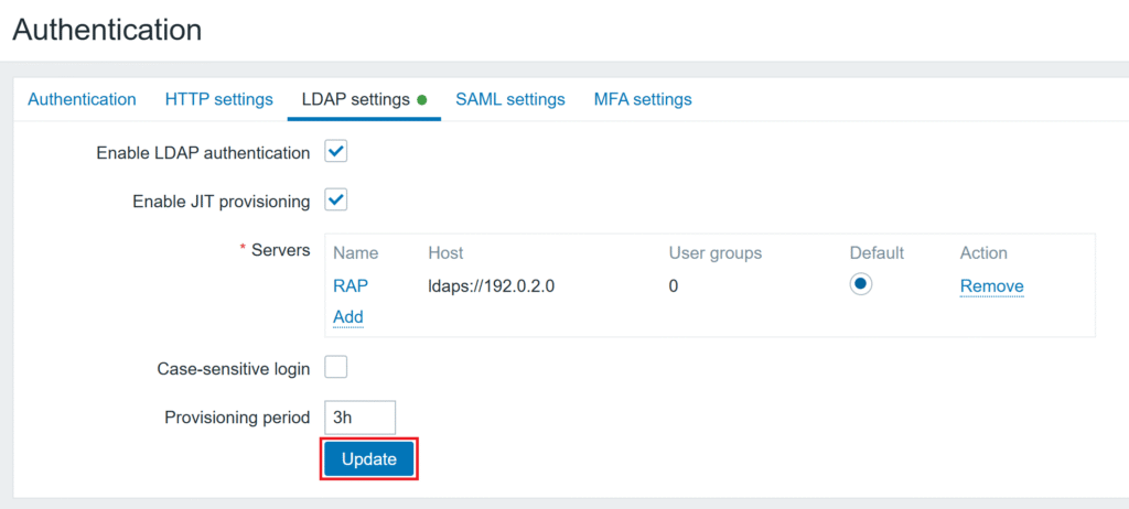 A screenshot showing how to update LDAP settings to enable MFA for Zabbix