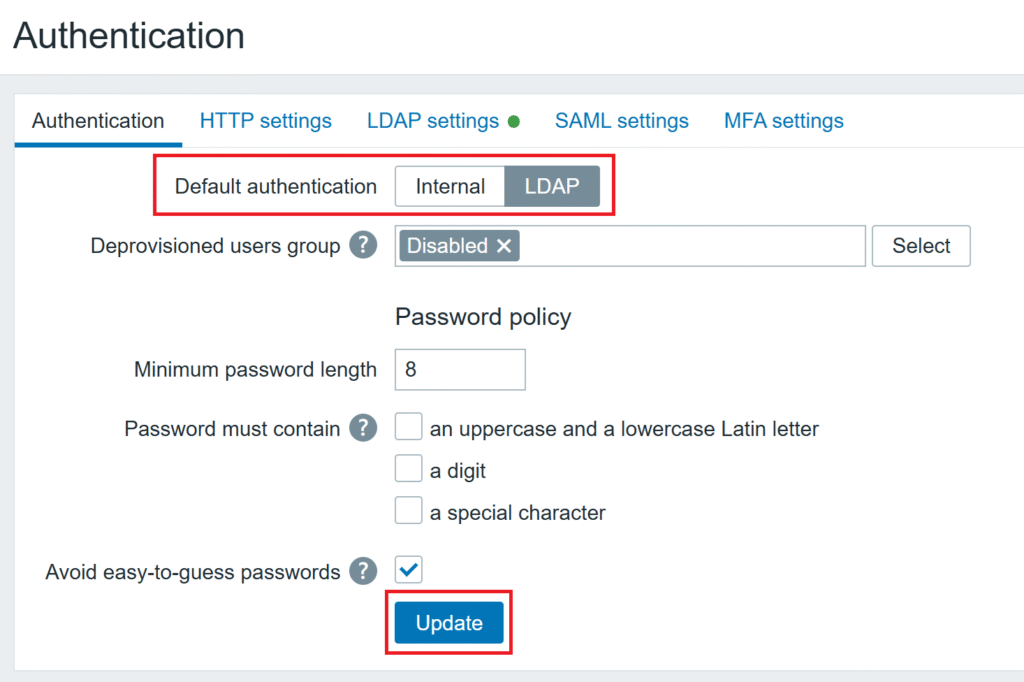 A screenshot showing how to change the default authentication to LDAP in the Zabbix admin panel to enable multi-factor authentication for Zabbix