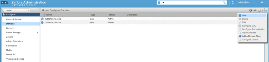 Image showing how to create a new domain in the Zimbra Administration Console.