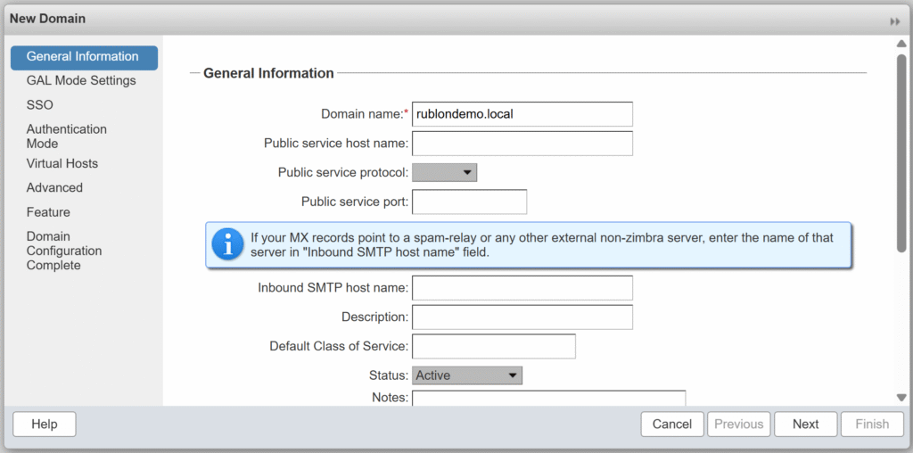 Image showing the General Information tab of the New Domain window of the Zimbra Administration Console.