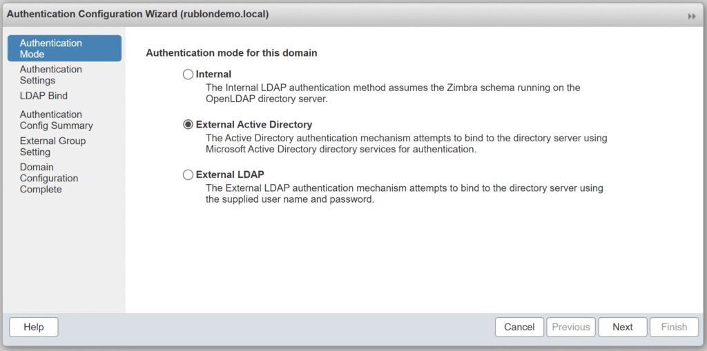 Image showing selecting the authentication mode for the domain in Zimbra Administration Console.