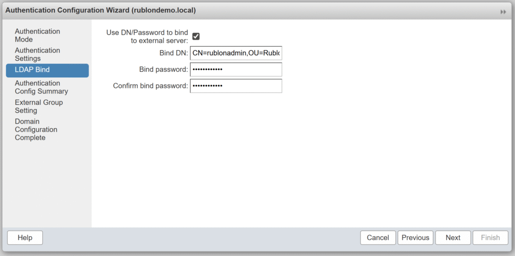 Image showing the configuration of the LDAP Bind settings when configuring authentication for a domain in Zimbra Administration Console.