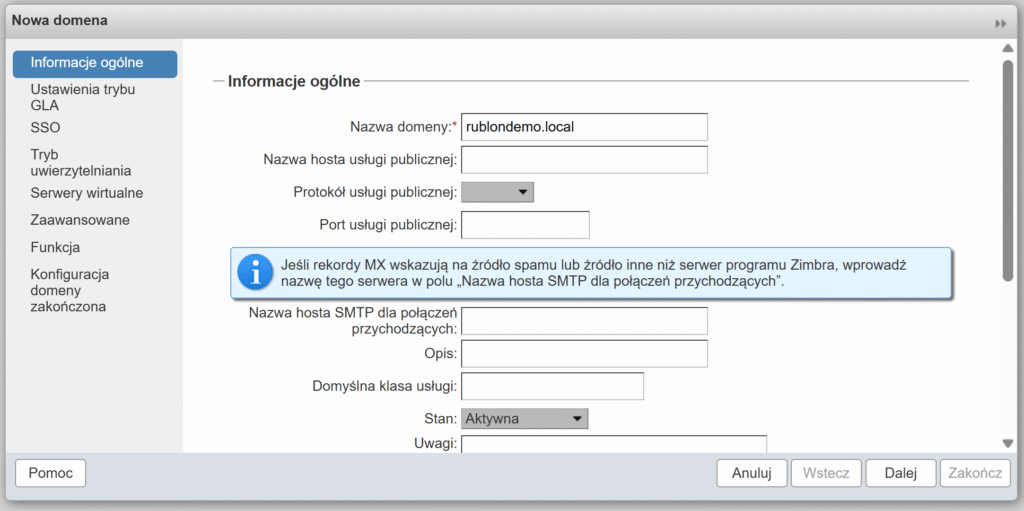 Obrazek przedstawiający zakładkę Informacje ogólne w oknie Nowa domena konsoli administracyjnej Zimbra.