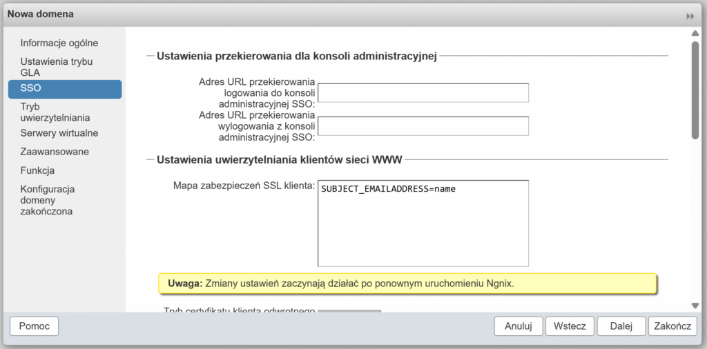 Obrazek pokazujący zakładkę SSO w oknie Nowa domena w konsoli administracyjnej Zimbra.