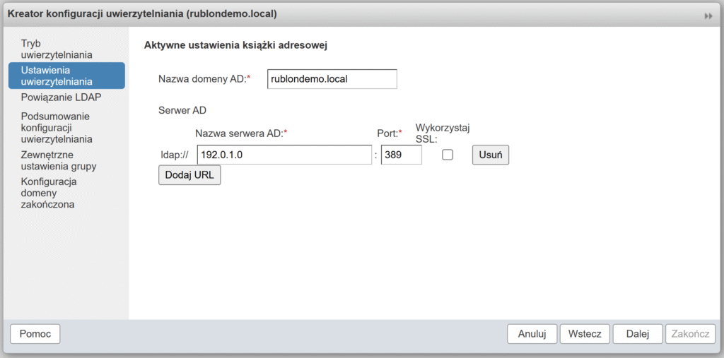 Obrazek pokazujący jak wypełnić ustawienia uwierzytelniania dla domeny w panelu administracyjnym Zimbra.