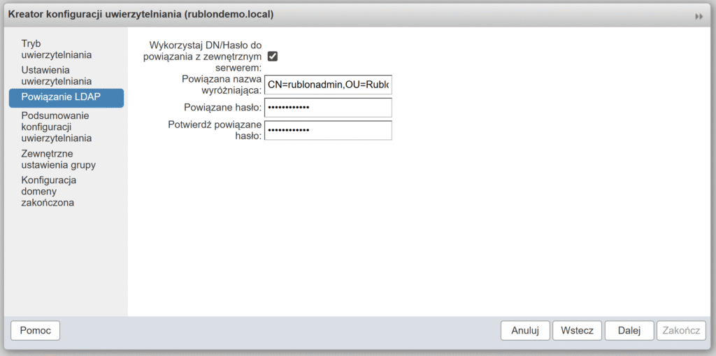 Obrazek pokazujący konfigurację ustawień powiązań LDAP podczas konfigurowania uwierzytelniania dla domeny w konsoli administracyjnej Zimbra.